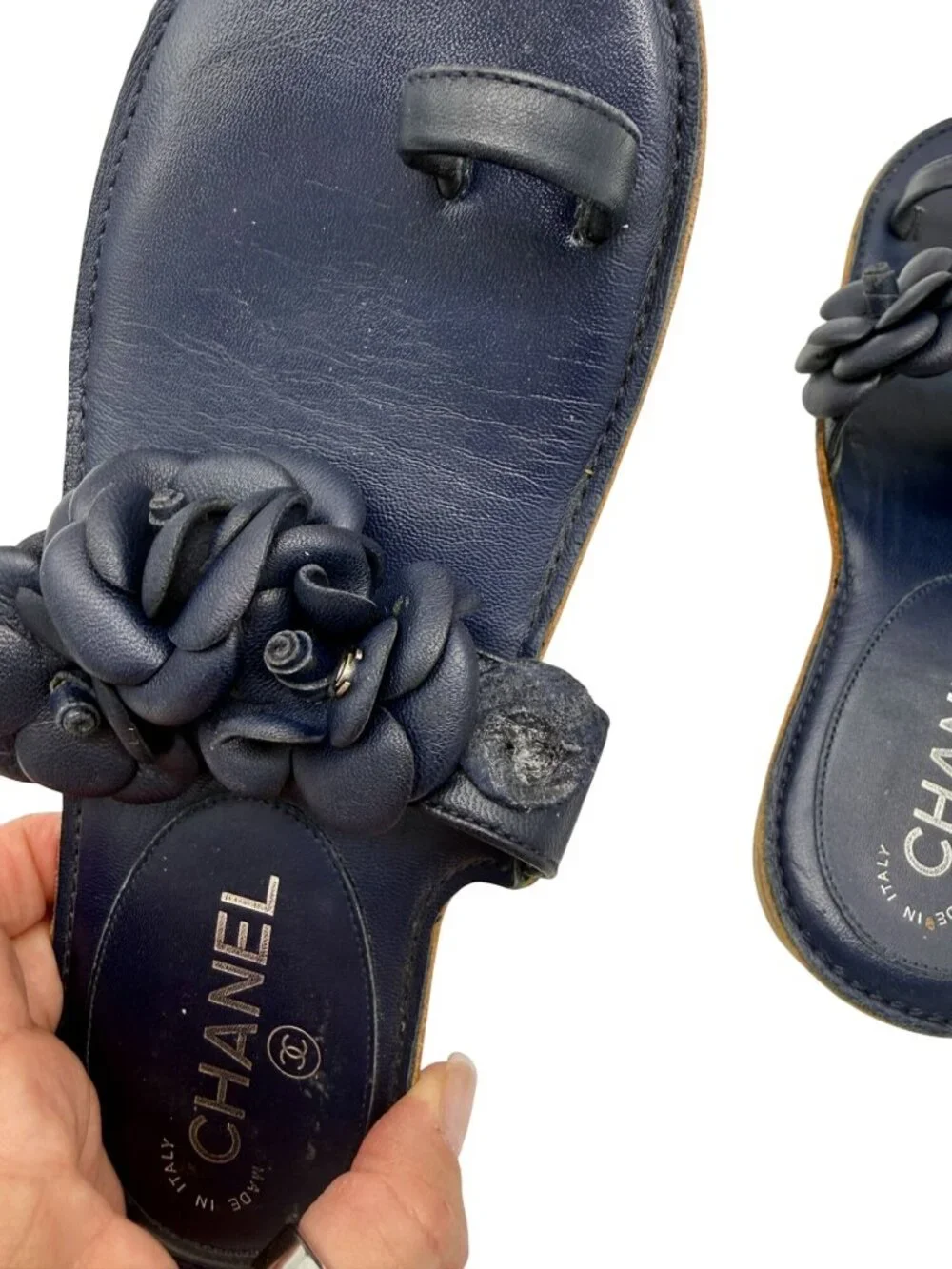 Chanel Camellia CC Logo Leather Sandals Navy Blue - Size 7 - Picture 7 of 7